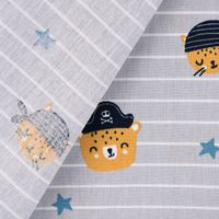 Baumwollstoff Popeline PIRATES Streifen Pirat Hase Bär Sterne grau blau ocker 1.45m Breite
