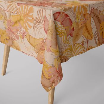 SCHÖNER LEBEN. Tischdecke Palmenblätter Kakadus natur gelb rosa