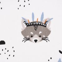 Baumwollstoff ROCKET Waschbär Kopf Boho Federn weiß grau blau braun 1