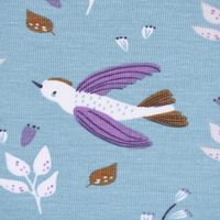 Baumwolljersey ZOILO Vögel Zweige Blätter blau weiß lila braun 1.5m