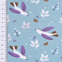 Baumwolljersey ZOILO Vögel Zweige Blätter blau weiß lila braun 1.5m
