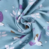 Baumwolljersey ZOILO Vögel Zweige Blätter blau weiß lila braun 1.5m
