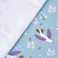 Baumwolljersey ZOILO Vögel Zweige Blätter blau weiß lila braun 1.5m