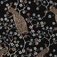 Dekostoff Metallic Peacock Blossom Luxury Pfau Blüten schwarz gold ec