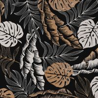 Dekostoff Metallic Botanic Leaf Luxury Blätter schwarz gold ecru 1.4m