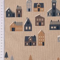 Dekostoff Nordic Town Scandi Häuser Tannen natur blau 1.40m