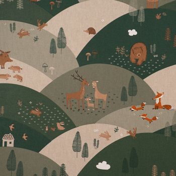 Dekostoff MountaForest Animals Tiere Hügel natur grün 1.40m
