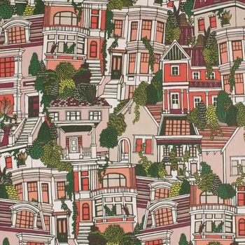 Dekostoff Premium Village House Häuser rot grün beige 1.40m