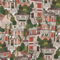 Dekostoff Premium Village House Häuser rot grün beige 1.40m
