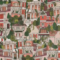 Dekostoff Premium Village House Häuser rot grün beige 1.40m