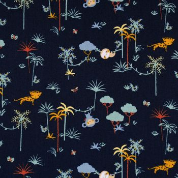 Baumwollstoff Organic Bio Popeline LITTLE SAFARI Dschungel Affe dunkelblau  bunt 1,45m Breite