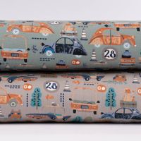 Baumwolljersey Digitaldruck Autos Eule Affe hellgrau rost blau 1.5m