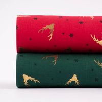 Baumwollstoff Popeline Weihnachten Hirschkopf Sterne dunkelrot gold 1.