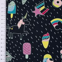 Baumwolljersey UNICORN PARTY Einhorn Eis Pünktchen dunkelblau bunt ne