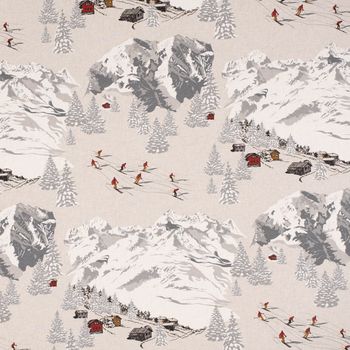 Dekostoff Halb-Panama Skifahrer Winterlandschaft natur grau 155cm