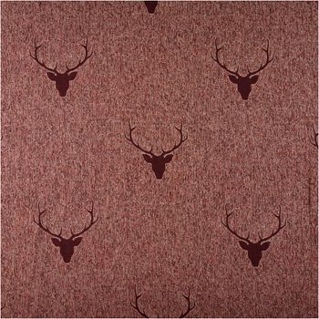 Hochwertiger Jacquard-Dekostoff im Landhausstil mit rotbraunem Hirschkopf-Motiv. Der 1,40 m breite Wendestoff eignet sich ideal für rustikale Gardinen, Kissen oder Tischwäsche und schafft eine gemütliche Atmosphäre - Vollansicht dunkel