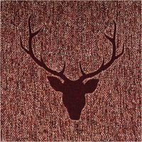Hochwertiger Jacquard-Dekostoff im Landhausstil mit rotbraunem Hirschkopf-Motiv. Der 1,40 m breite Wendestoff eignet sich ideal für rustikale Gardinen, Kissen oder Tischwäsche und schafft eine gemütliche Atmosphäre - Nahaufnahme dunkel