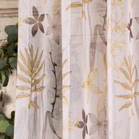 Ösengardine Blüten Farnblatt Baumwollzweig weiß braun senfgelb 135x260cm