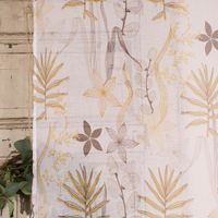 Ösengardine Blüten Farnblatt Baumwollzweig weiß braun senfgelb 135x260cm