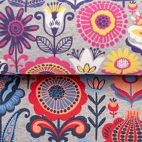 French Terry Sommersweat Retro Blumen grau meliert rot blau rosa 1.45m