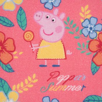 Baumwollstoff Popeline Peppa Wutz Blumen Schriftzug rosa gelb grün bl