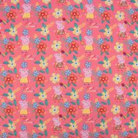 Baumwollstoff Popeline Peppa Wutz Blumen Schriftzug rosa gelb grün bl