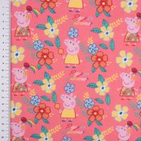 Baumwollstoff Popeline Peppa Wutz Blumen Schriftzug rosa gelb grün bl