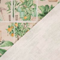 Dekostoff Baumwolle Digitaldr. Wintergarten Pflanztöpfe beige grün 1