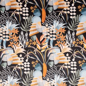 Samtstoff Dekostoff Digitaldruck ArtDeco Blätter schwarz orange 1.50m