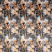 Samtstoff Dekostoff Digitaldruck ArtDeco Blätter schwarz orange 1.50m
