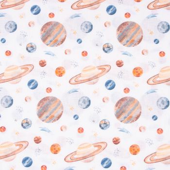 Baumwollstoff Popeline Digitaldr. Aquarell Planeten Weltall weiß bunt