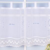 Cafehausgardine Schlaufen Leinenstruktur bestickt Blumen mit Häkelborte 45x120cm