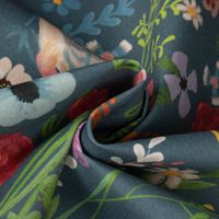 Outdoorstoff Dralon Floral Happy Garden Blumen Vögel blau bunt 1.40m