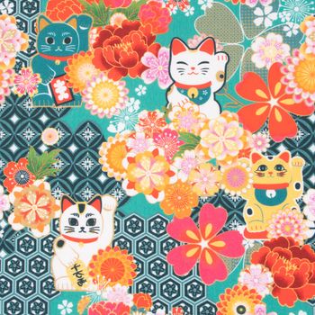Baumwollstoff Digitaldruck MIYUKI Winkekatze Blumen türkis bunt 1.5m