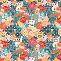 Baumwollstoff Digitaldruck MIYUKI Winkekatze Blumen türkis bunt 1.5m