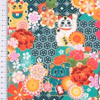 Baumwollstoff Digitaldruck MIYUKI Winkekatze Blumen türkis bunt 1.5m