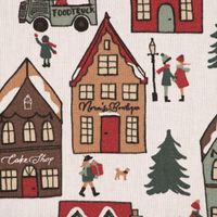 Dekostoff Winter Village Scene Winterdorf weiß braun rot grün 1.40m