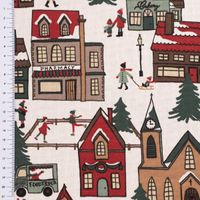 Dekostoff Winter Village Scene Winterdorf weiß braun rot grün 1.40m