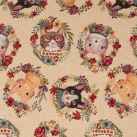 Dekostoff GobelPremium Spring Cats Katzen Blumenkranz creme bunt 1.4m