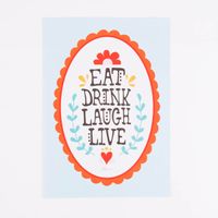 Bild Eat Drink Laugh Live Retro Papier hellblau bunt A4 30x21cm