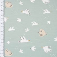 Baumwolljersey WAZOU Vögel Tauben Punkte altgrün weiß beige 1.5m