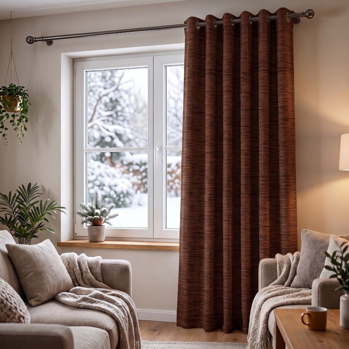 Wohnzimmer mit braunem Thermovorhang aus Chenille mit Ösen, Sessel und Pflanzen vor verschneitem Fenster