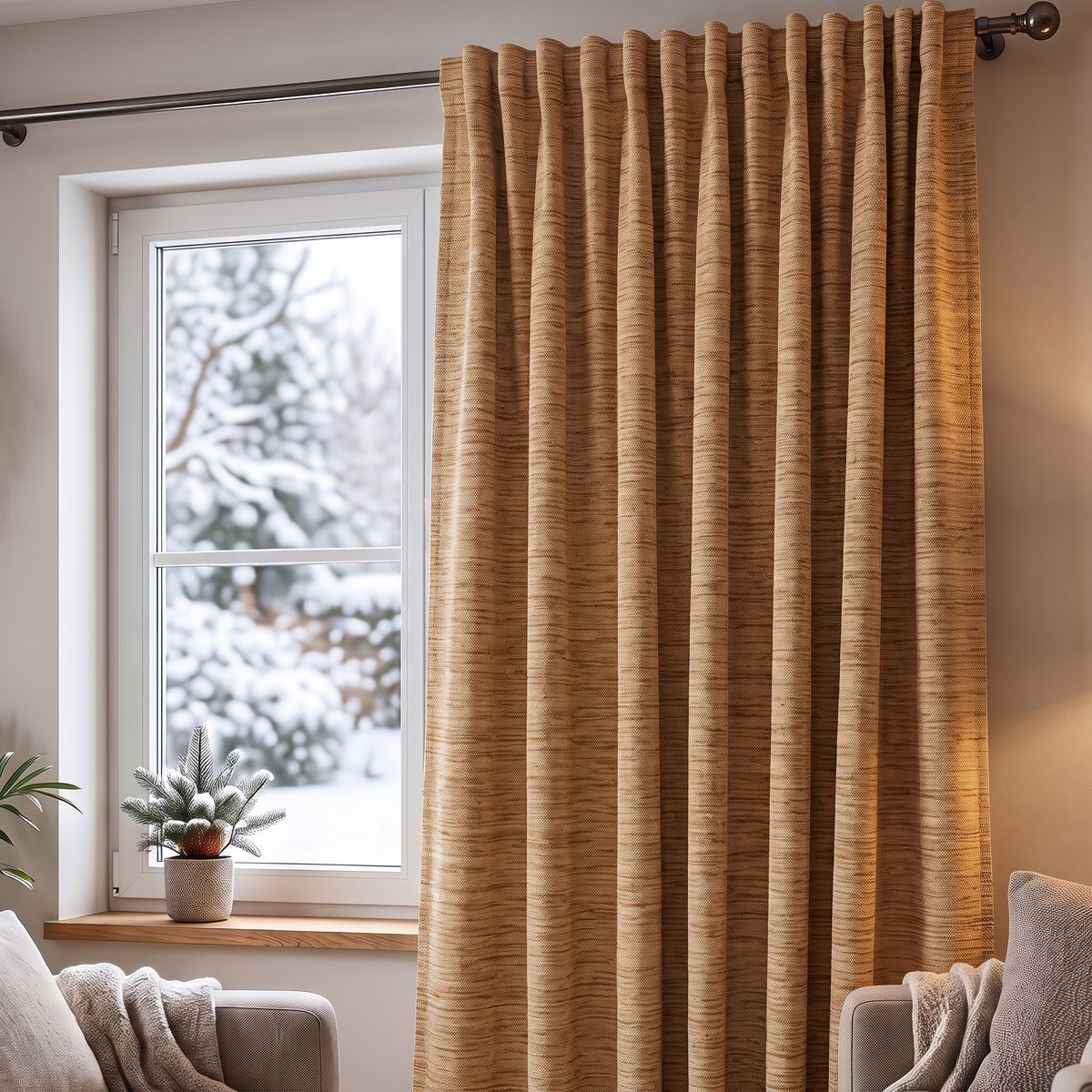 SCHÖNER LEBEN. Thermovorhang Thermochenille Akustik Kälteschutz goldbraun 245cm oder Wunschlänge Goldbrauner Thermovorhang aus Chenille vor einem Fenster in einem Wohnzimmer, Faltenoptik, gemütliche Atmosphäre