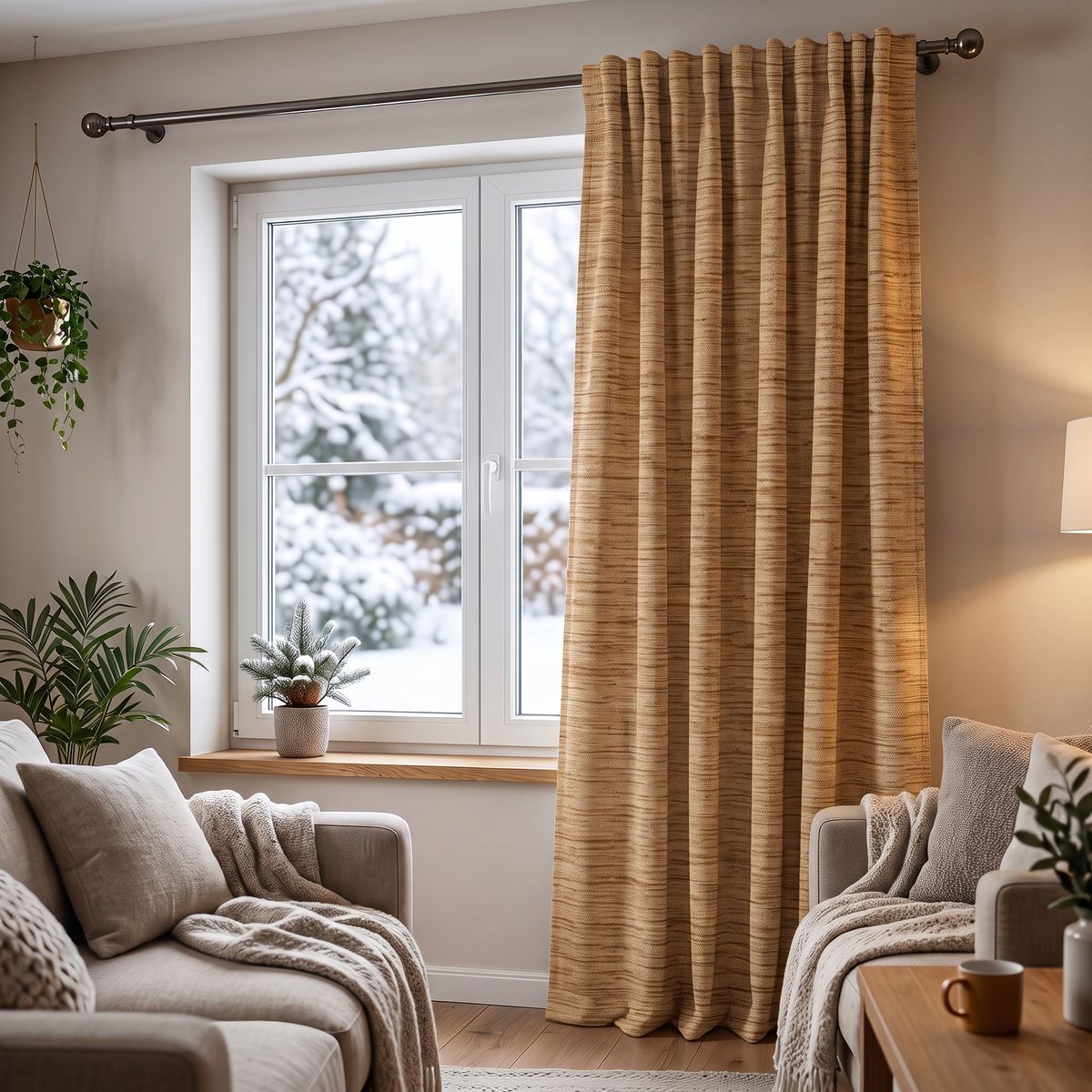 SCHÖNER LEBEN. Thermovorhang Thermochenille Akustik Kälteschutz goldbraun 245cm oder Wunschlänge Goldbrauner Chenille-Thermovorhang an Gardinenstange in modernem Wohnzimmer mit Blick auf verschneiten Garten