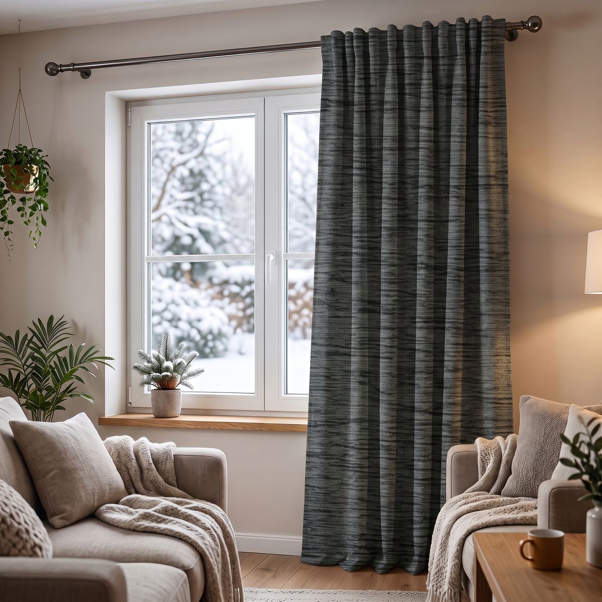 Thermo Chenille Vorhang in Blaugrau am Fenster hängend, gemütliches Wohnzimmer, draußen Schnee sichtbar