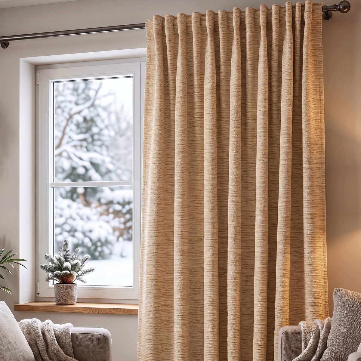SCHÖNER LEBEN. Thermovorhang Thermochenille Akustik Kälteschutz sand beige 245cm oder Wunschlänge beigefarbener Thermovorhang aus Chenille vor Fenster, wohnlich eingerichtetes Zimmer, Strukturstoff, kräftiger Faltenwurf