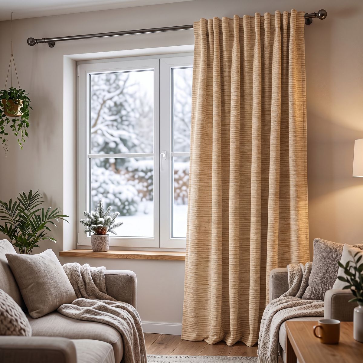 SCHÖNER LEBEN. Thermovorhang Thermochenille Akustik Kälteschutz sand beige 245cm oder Wunschlänge sandfarbener Chenille-Vorhang im Wohnzimmer neben Sessel und Pflanzen, dichter Stoff, gemütliche Atmosphäre