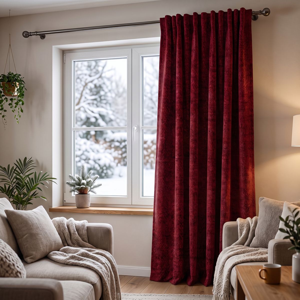 dichter Chenille-Thermovorhang in kräftigem Rot vor Fenster, eingerahmt von beigen Sofas und Zimmerpflanzen