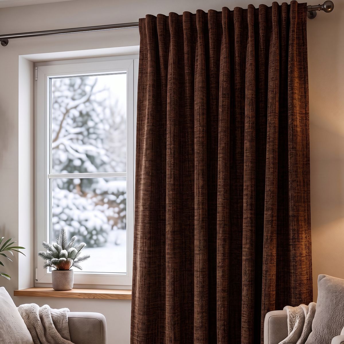 SCHÖNER LEBEN. Thermovorhang Thermochenille Akustik Kälteschutz INUIT braun 245cm oder Wunschlänge brauner Thermovorhang aus Chenille vor einem Fenster, Wohnzimmer mit Sofaecke und Topfpflanze im winterlichen Ambiente