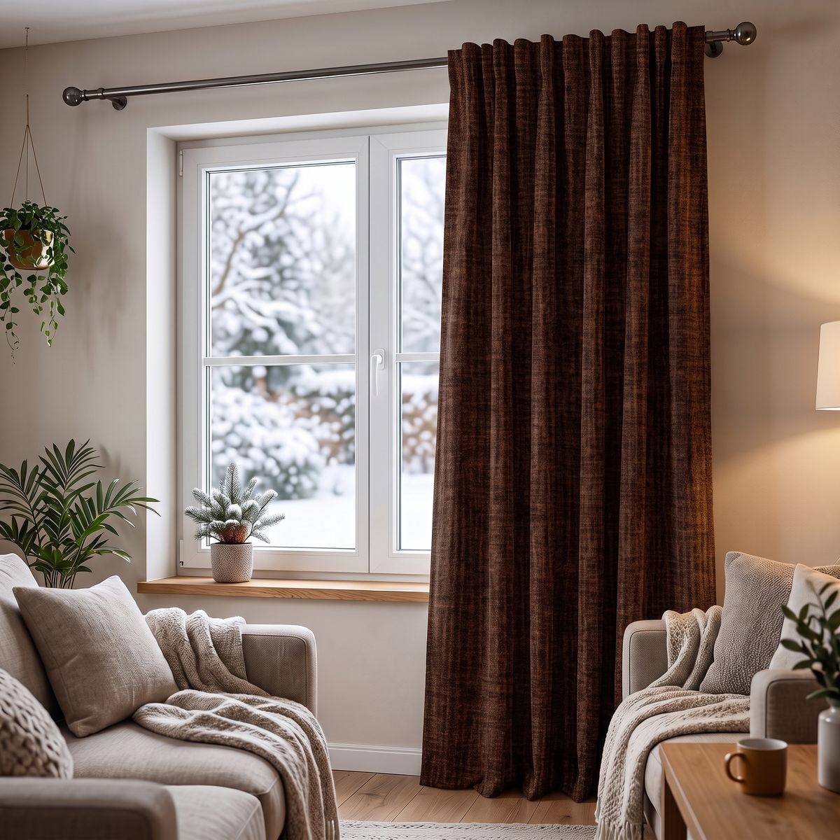 SCHÖNER LEBEN. Thermovorhang Thermochenille Akustik Kälteschutz INUIT braun 245cm oder Wunschlänge dunkelbrauner Chenille-Vorhang vor Fenster, moderne Sitzecke mit Kissen, Pflanzen und Beistelltisch im Raum